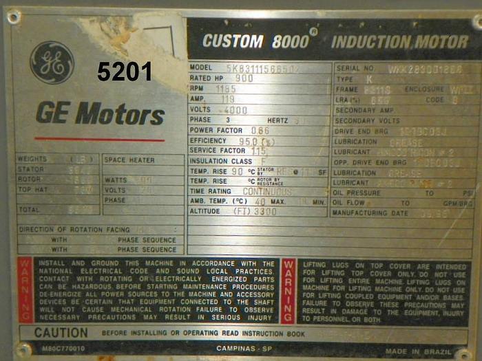 Unused General Electric 900 HP AC Motor, 1185 RPM, Storeroom Spare #41505