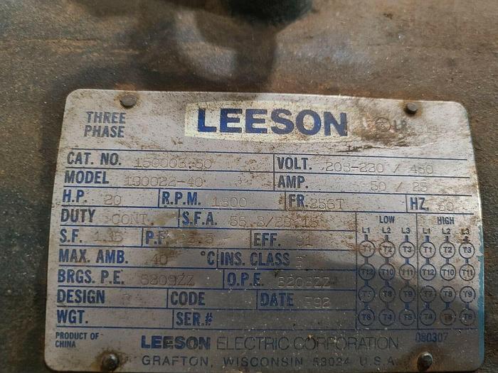 Used Leeson 20HP 1800 RPM 208-230/460V 3 Phase Electric Motor
