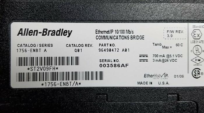Used Allen Bradley 1756-ENBT /A ControlLogix EtherNet/IP Comm Module F/W 3.9 UPS RED