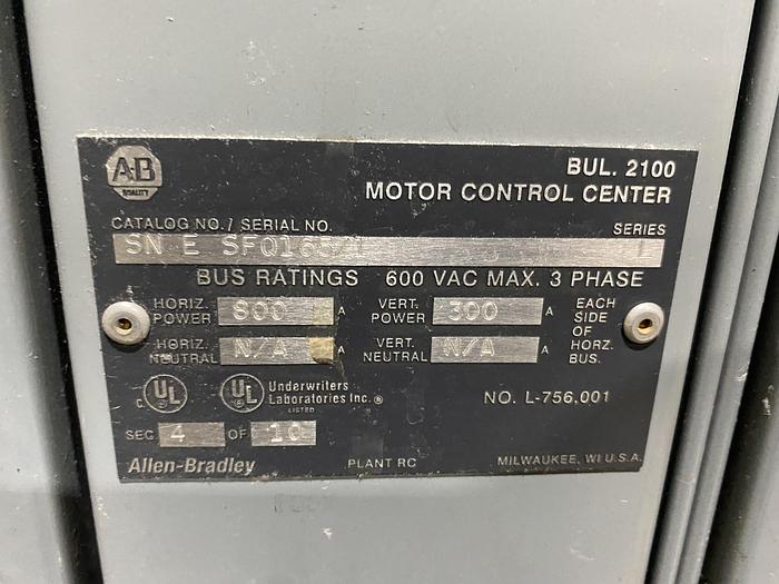 Used ROCKWELL AUTOMATION ALLEN BRADLEY CENTERLINE SERIES MCC SECTION