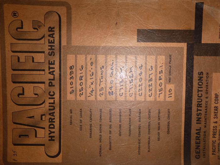 Used 16' x 1/4" Pacific Hydraulic shear