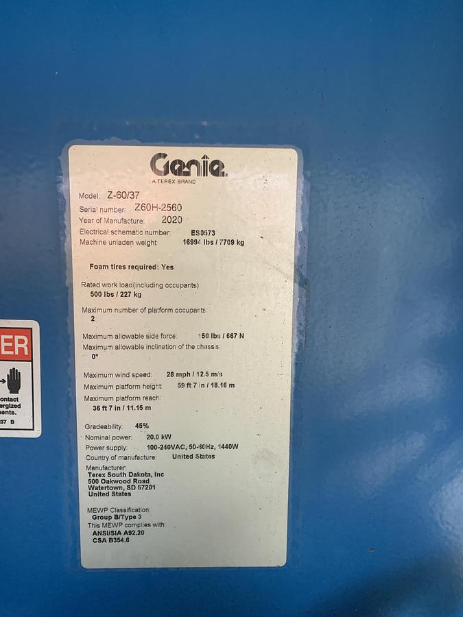 Used 2020 Genie Z-60/37 FE