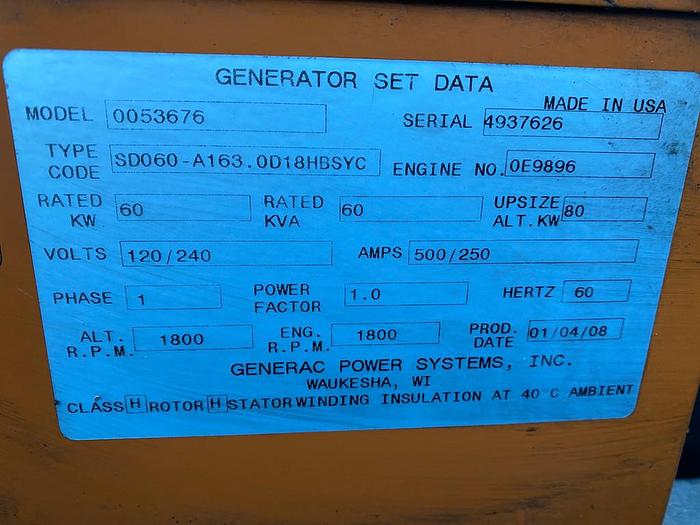 Used 2007 60 KW SINGLE PHASE GENERAC