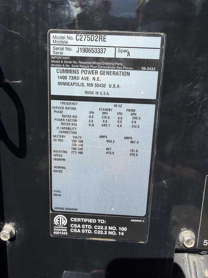 Used 2020 Cummins c275D2RE