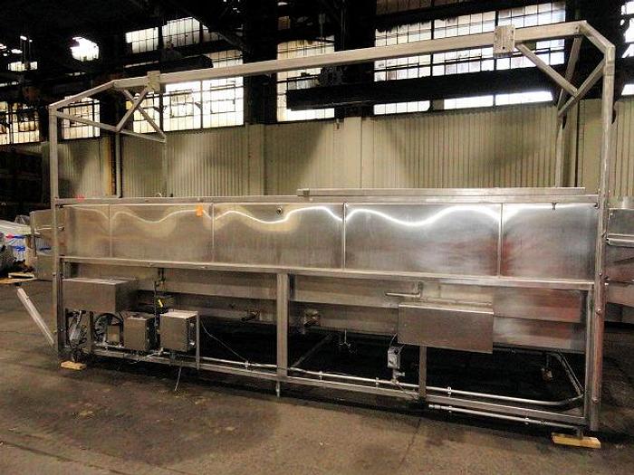 Used STEAM FIRED BLANCHER, 48" W X 16' LONG, OVERHEAD FRAMEWORK FOR HOISTING CANOPY, ALL STAINLESS STEEL M2003M
