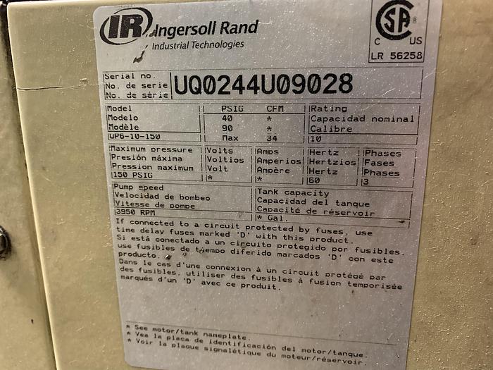 Used INGERSOLL RAND UP6-10-150 10HP SCREW COMPRESSOR TANK MOUNTED