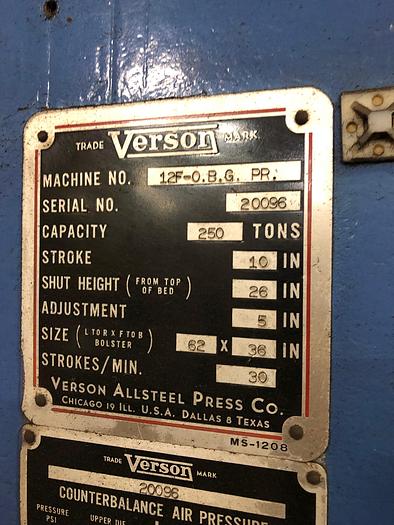 Used 250 TON VERSON SINGLE POINT GAP FRAME PRESS
