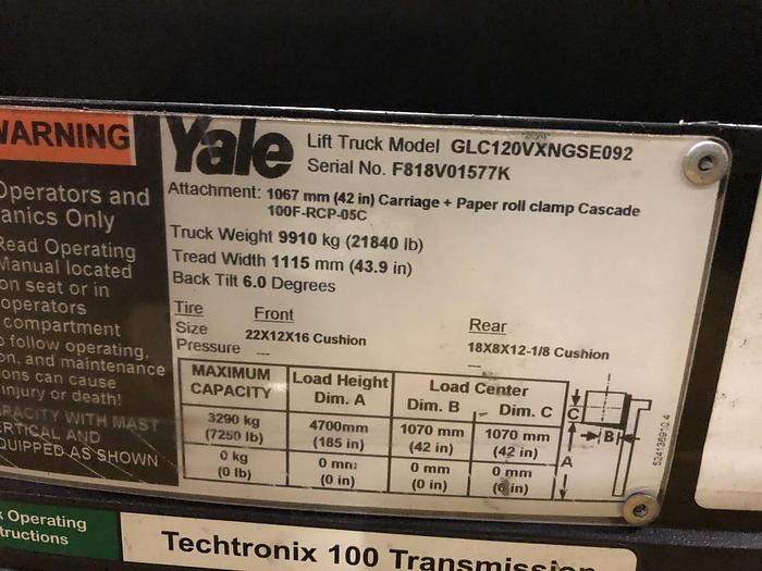 Used 12,000 POUND YALE ROLL CLAMP TRUCK MODEL GLC120VXPRS W/ 60" BOLZONI CLAMP MFG. 2012