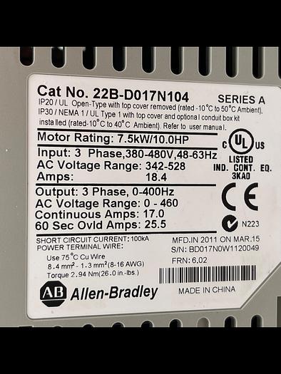 Used Allen-Bradley 22B-D017N104 Ser A 