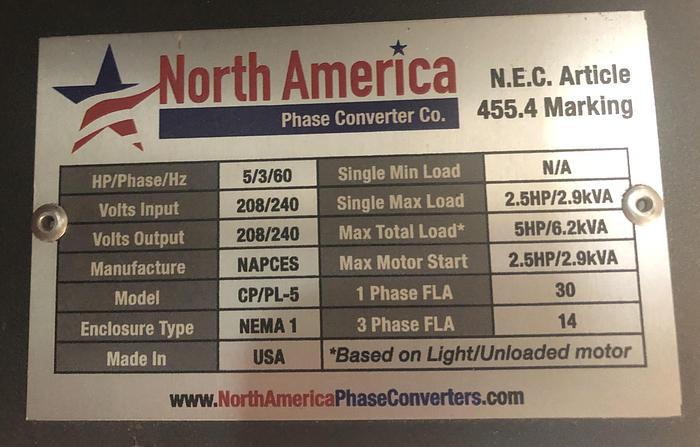 Used NORTH AMERICAN PL-5, 5 HP. ROTARY PHASE CONVERTER
