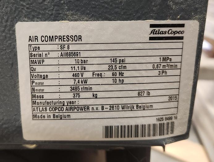 Used ATLAS COPCO SF-8, 10 HP SCROLL-TYPE AIR-COMPRESSOR