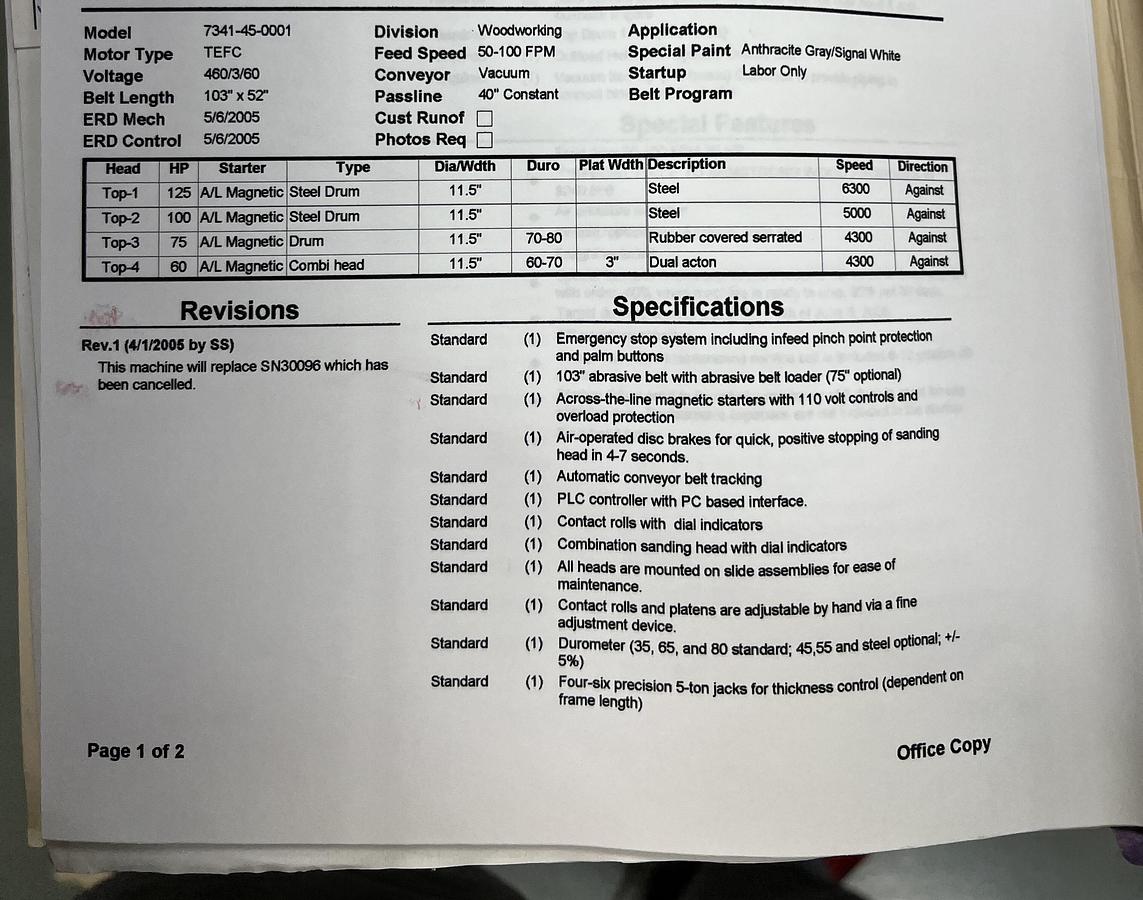 Used TIMESAVERS 7341-45-0001, 52" 4-HEAD TOP-HEAD WIDE-BELT SANDER