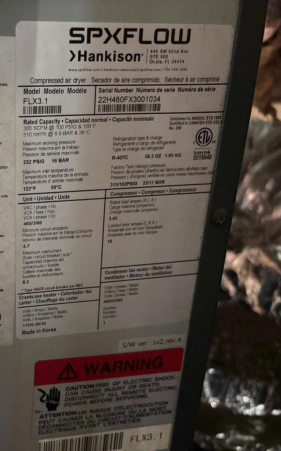 Used SPXFLOW HANKISON FLX3.1 AIR-DRYER