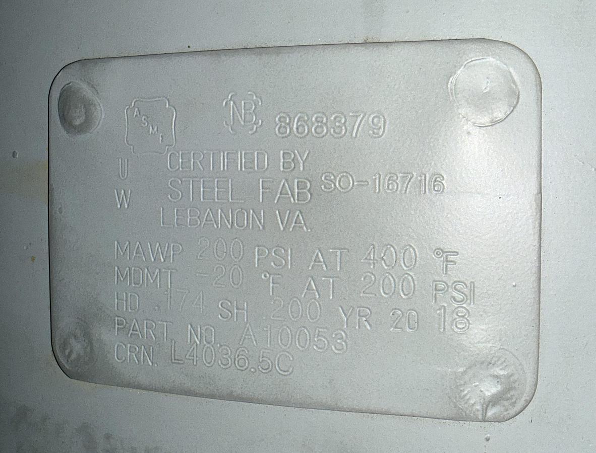 Used STEEL-FAB 200-GALLON VERTICAL COMPRESSED AIR RECEIVING TANK