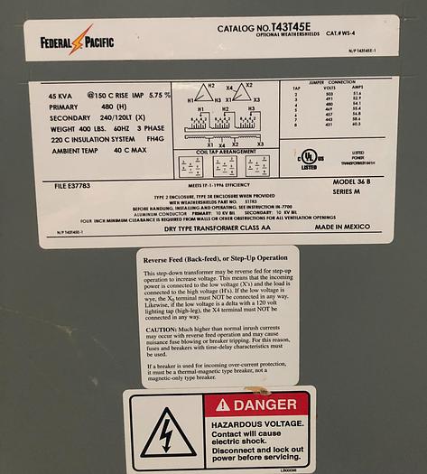 Used FEDERAL PACIFIC 45 KVA TRANSFORMER