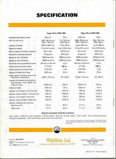 Used WADKIN  HYDRAULIC CROSS-CUT SAW