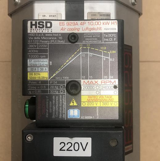 Used HSD ES929, 10 KW, 24,000 RPM 4-POLE, ELECTRO SPINDLE