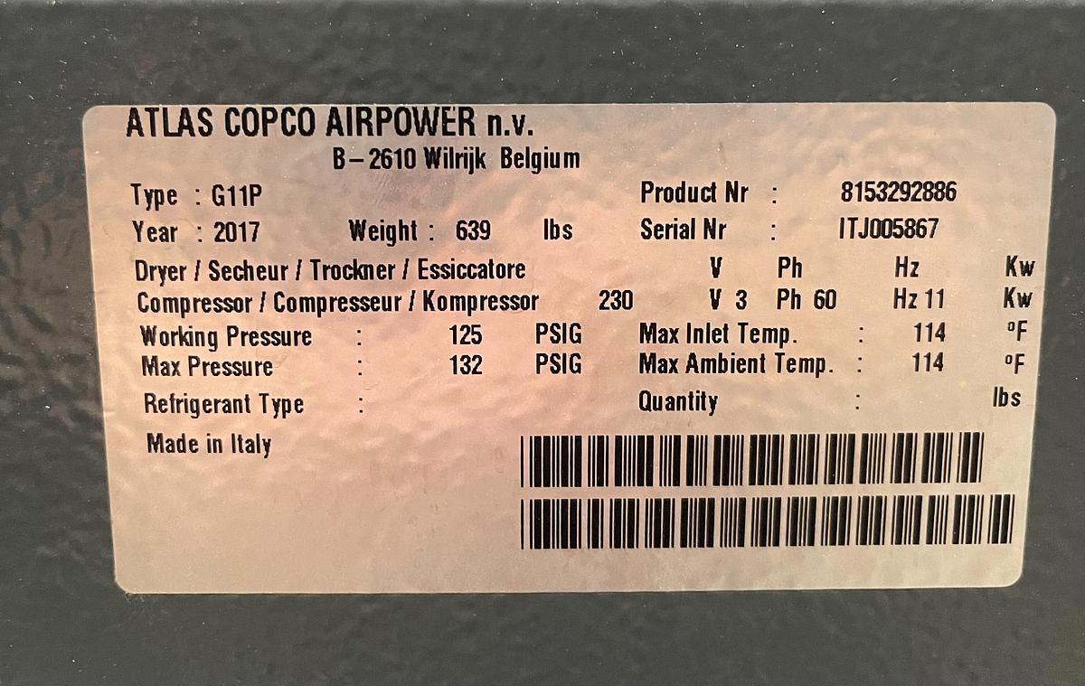 Used ATLAS COPCO, G11P 15 HP, ROTARY SCREW AIR COMPRESSOR