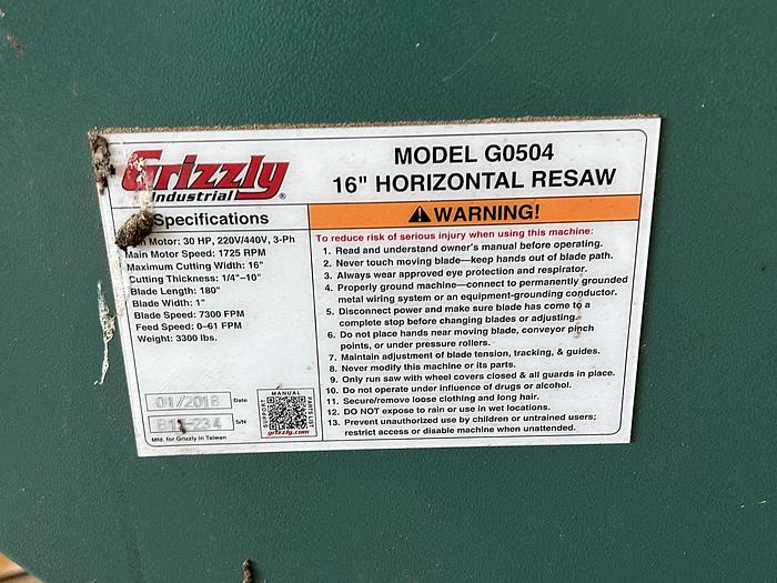 Used GRIZZLY G0504 16" HORIZONTAL RESAW