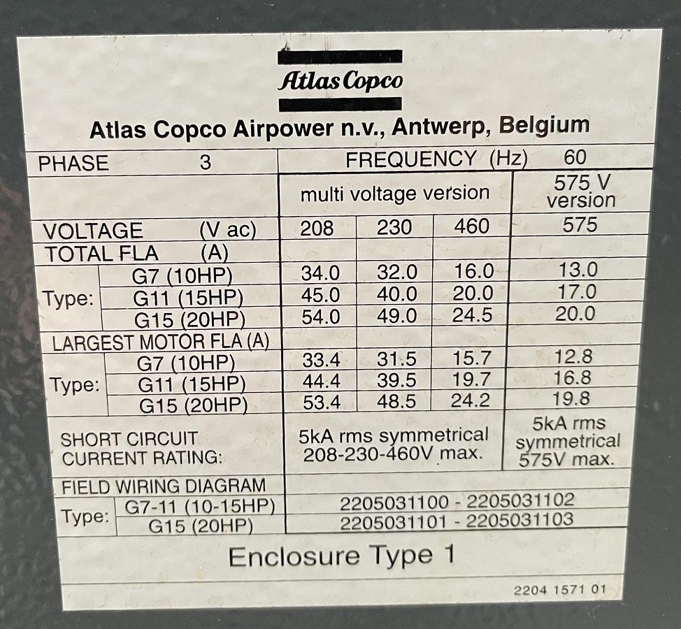 Used ATLAS COPCO, G11P 15 HP, ROTARY SCREW AIR COMPRESSOR