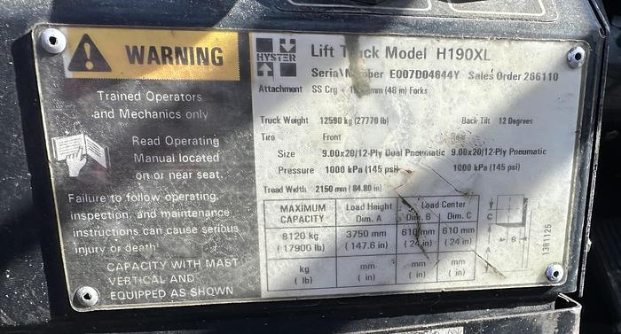 Used HYSTER H190XL, 19,000 LB FORK-LIFT