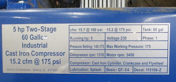 Used QUINCY  5 HP 60 GALLON TWO-STAGE AIR COMPRESSOR