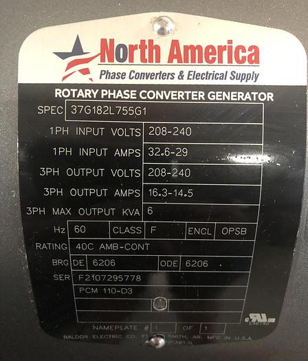 Used NORTH AMERICAN PL-10, 10 HP. ROTARY PHASE CONVERTER