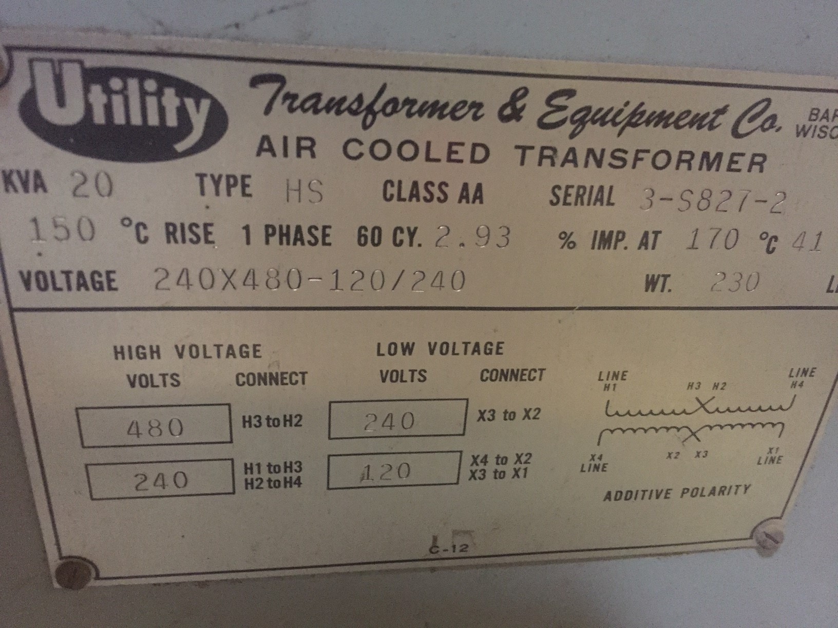 Used UTILITY AIR COOLED SINGLE-PHASE 20 KVA TRANSFORMER