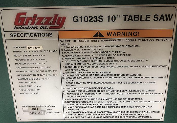 Used GRIZZLY G1023S, 10" TABLE SAW
