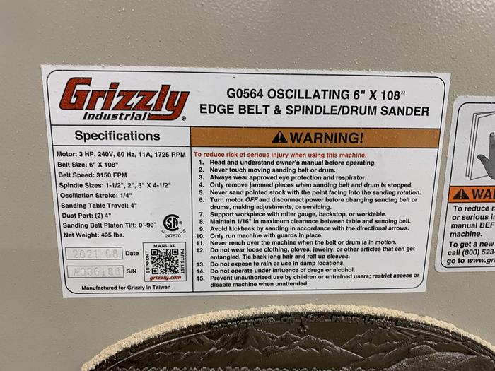 Used GRIZZLY G0564 OSCILLATING 6" x 108" EDGE SANDER & SPINDLE/DRUM SANDER WITH ACCESSORIES