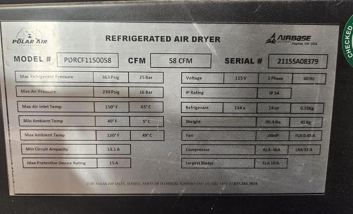 Used POLAR PDRCF1150058, 58 CFM REFRIGERATED AIR-DRYER