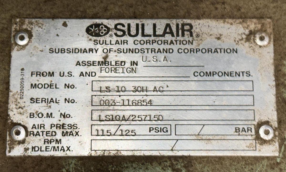 Used SULLAIR LS-10, 30H-AC 30 HP, ROTARY-SCREW AIR-COMPRESSOR