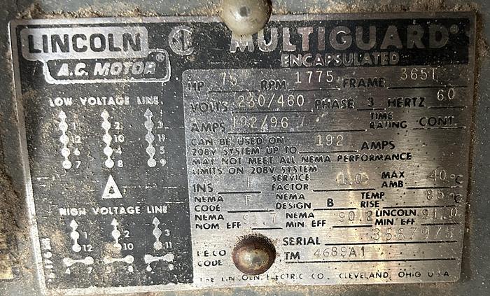 Used LINCOLN 75 HP, 1,175 RPM MOTOR