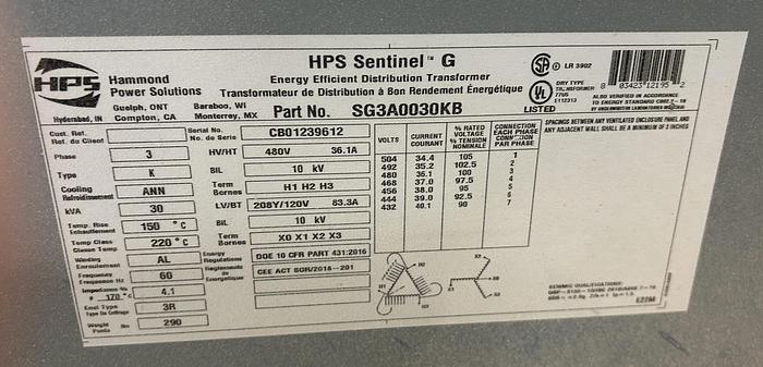Used HBS, SG3A0030KB 30 KVA TRANSFORMER