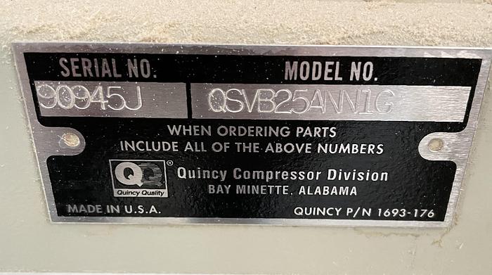 Used QUINCY CSVB25ANN1G, 30 HP INDUSTRIAL ROTARY SCREW VACUUM PUMP