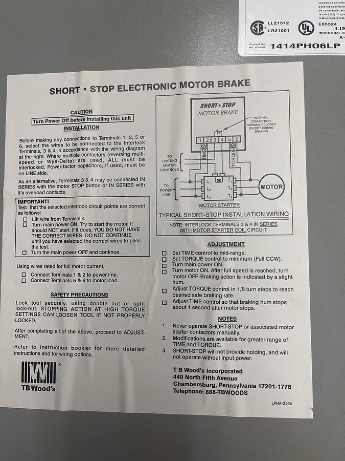Used TB WOODS SS-4A-60 SHORT-STOP, 60 HP, 460 VOLT ELECTRIC BRAKE