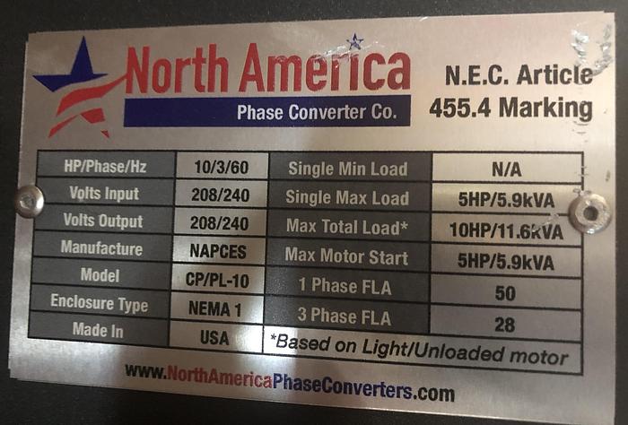 Used NORTH AMERICAN PL-10, 10 HP. ROTARY PHASE CONVERTER