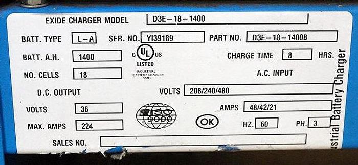 Used EXIDE  D3E-18-1400, TYPE LA 36 VOLT BATTERY CHARGER