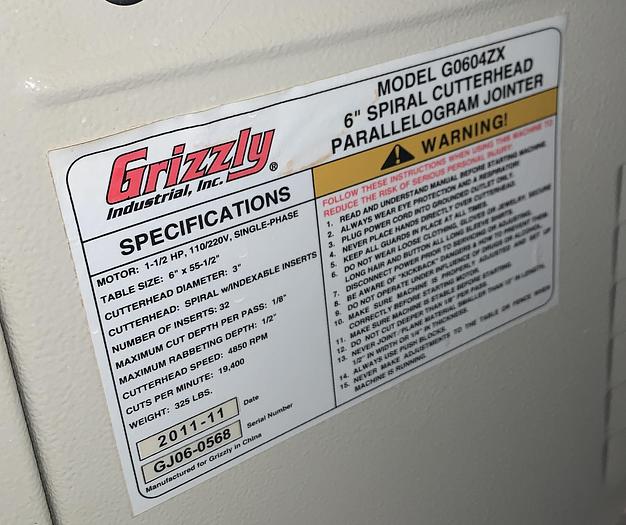 Used GRIZZLY G0604ZX 6-INCH SPIRAL CUTTERHEAD JOINTER