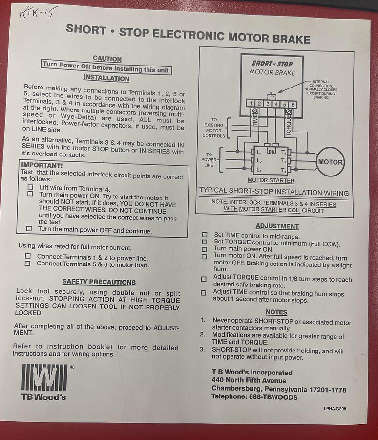 Used TB WOOD’S SS-U4-G5, SHORT-STOP 5 HP, 460 VOLT ELECTRIC BRAKE