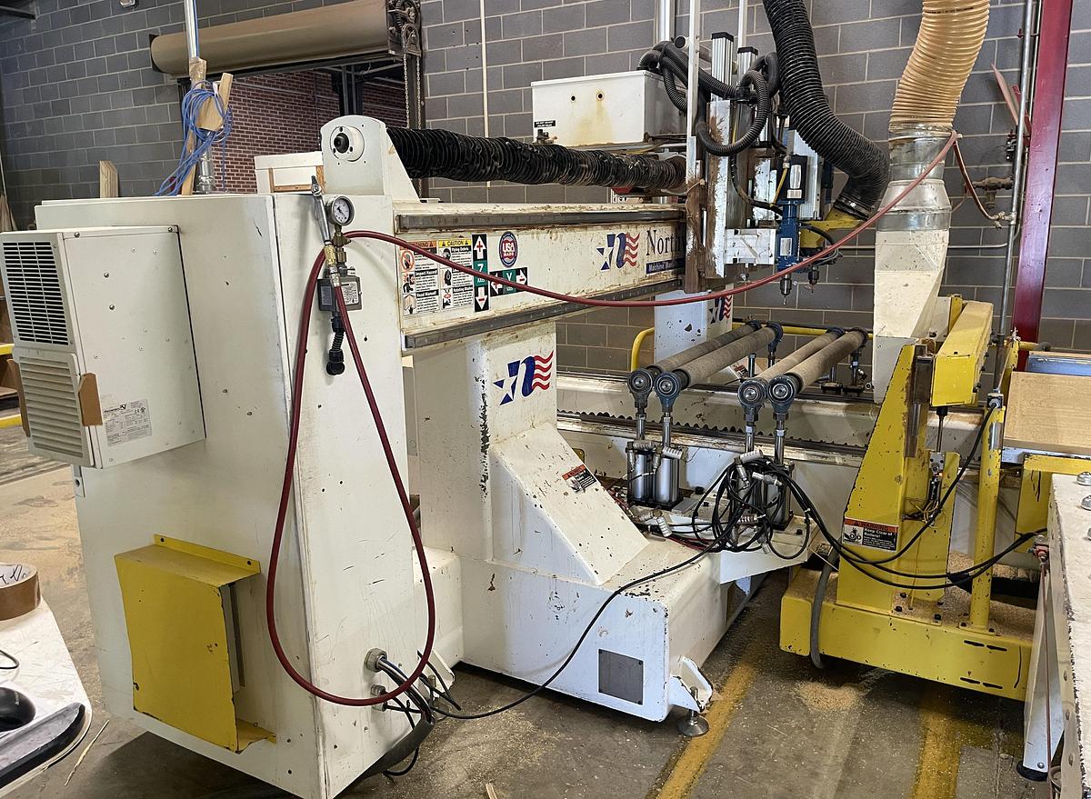 Used NORTHWOOD IH48, 4' x 8' ROLLER HOLD-DOWN 3-AXIS CNC ROUTER WITH MATERIAL HANDLING