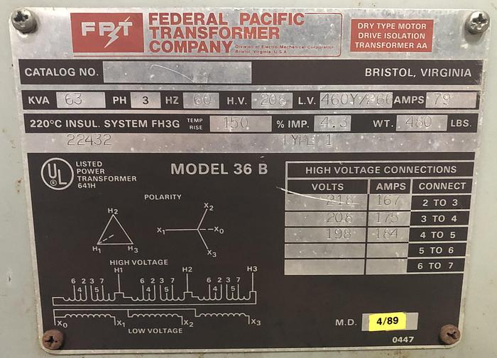 Used FEDERAL PACIFIC 63 KVA 3-PHASE TRANSFORMER