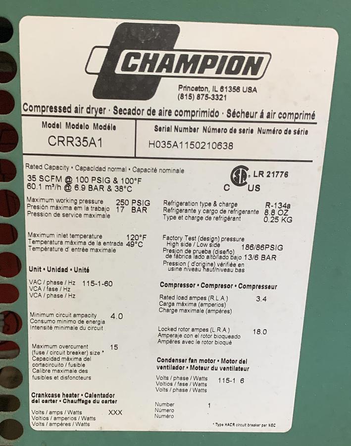 Used SULLAIR 20 HP SCREW-TYPE AIR-COMPRESSOR WITH CHAMPION AIR-DRYER