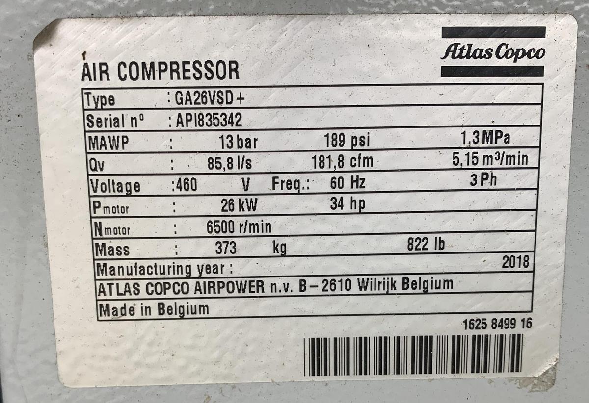 Used ATLAS COPCO GA26VSD+ 34 HP SREW-TYPE AIR COMPRESSOR