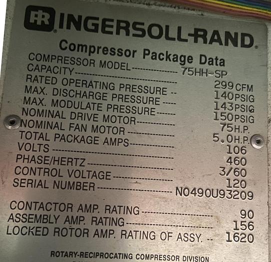 Used INGERSOLL-RAND 75HH-SP, SCREW COMPRESSOR