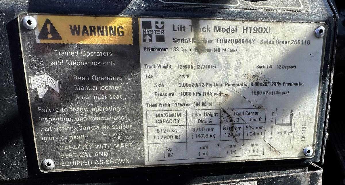 Used HYSTER H190XL, 19,000 LB. FORK-LIFT