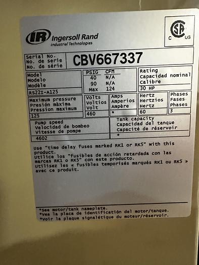 Used INGERSOL-RAND RS22I-A125, 30 HP AIR-COMPRESSOR