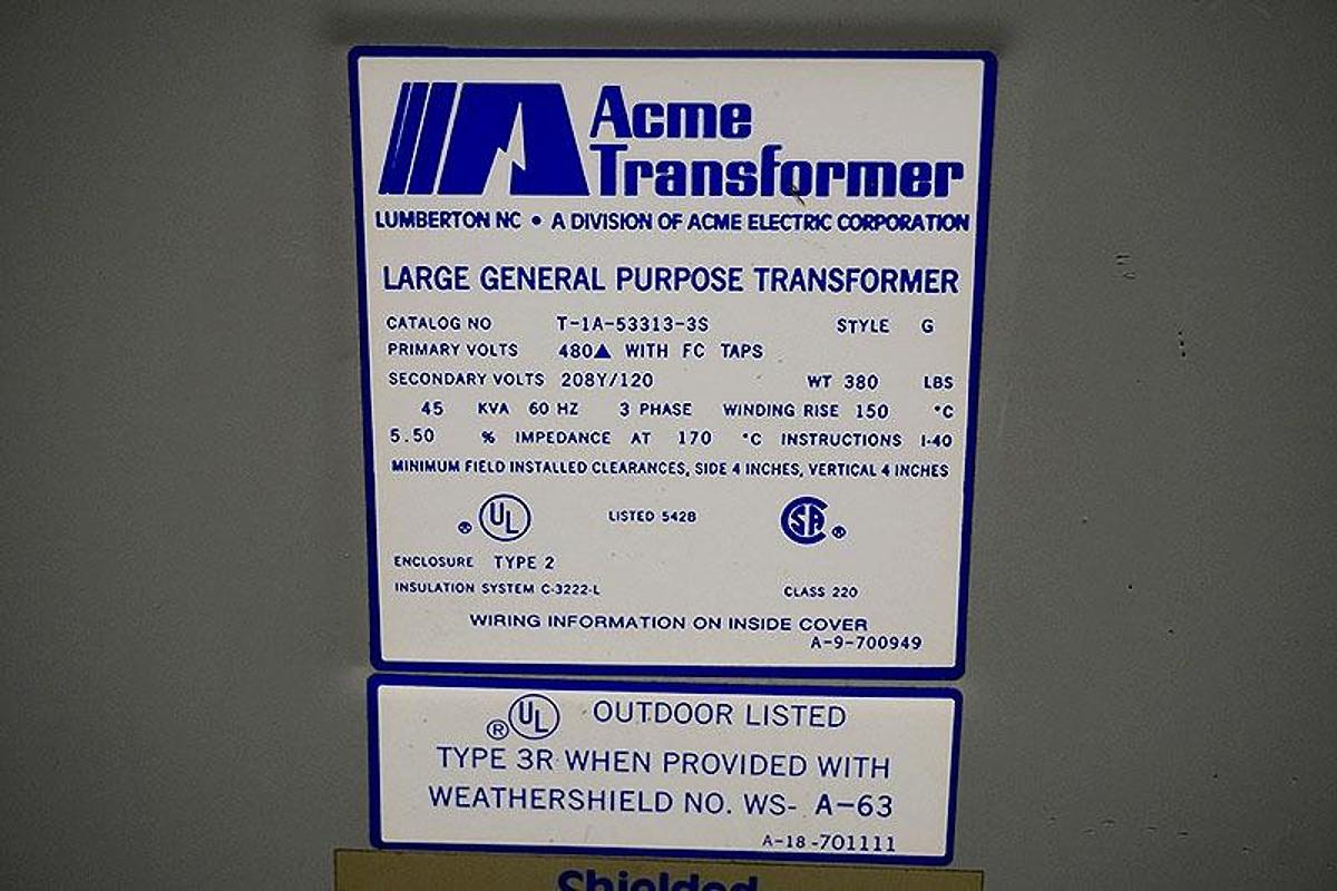 Used ACME 45 KVA 3-PHASE (480 TO 208 VOLT) TRANSFORMER