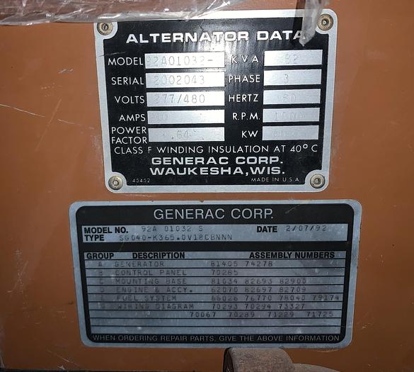 Used GENERAC 92A-01032-S, 62 KVA, 40 KW, 277/480 VOLT 60 HERTZ 3-PHASE GENERATOR
