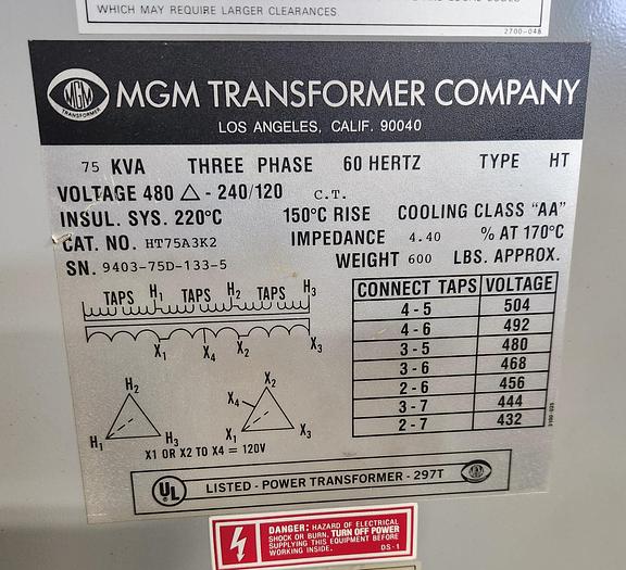 Used MGM 75 KVA TRANSFORMER